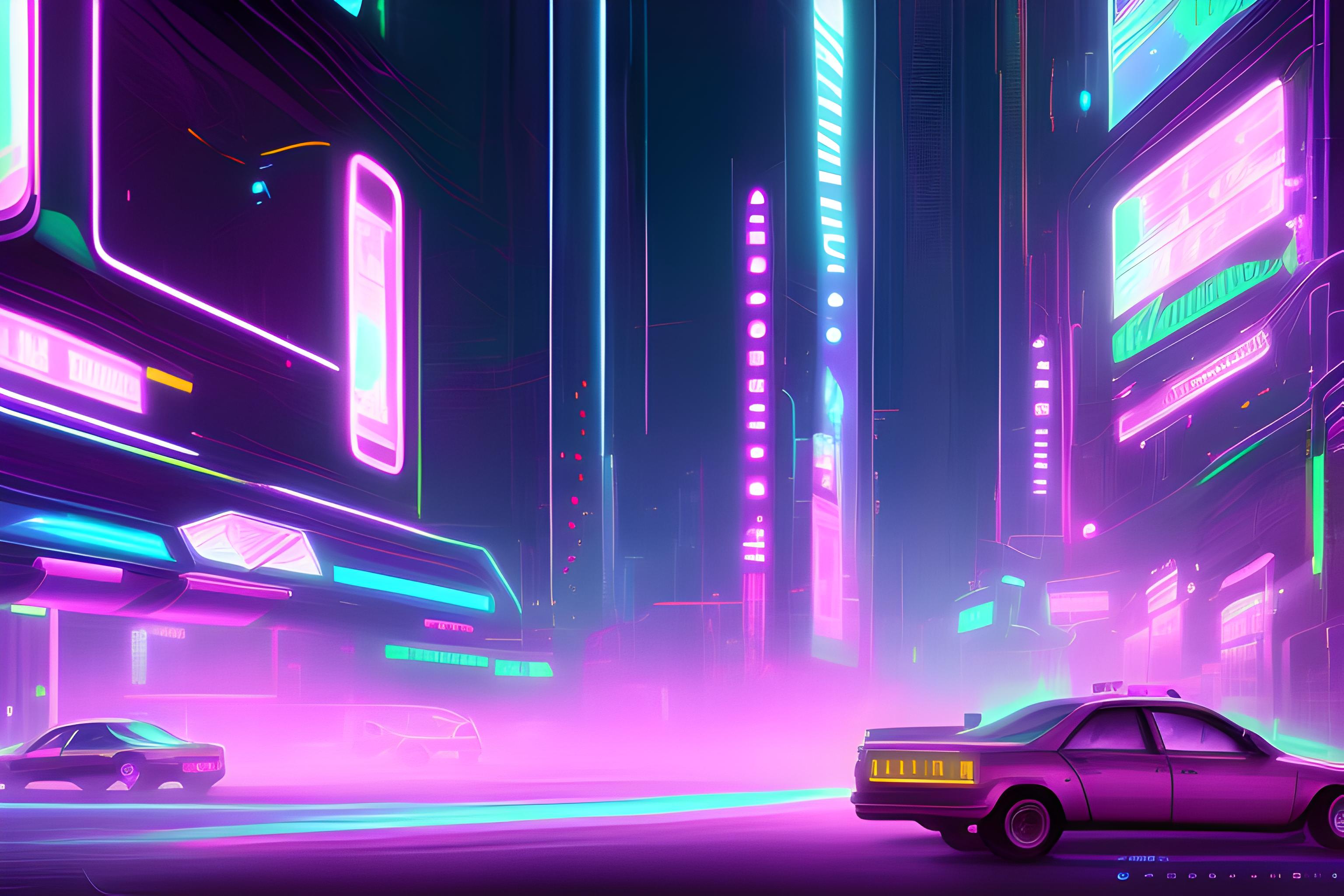 une ville cybernétique type cyberpunk, eclairage neon
 